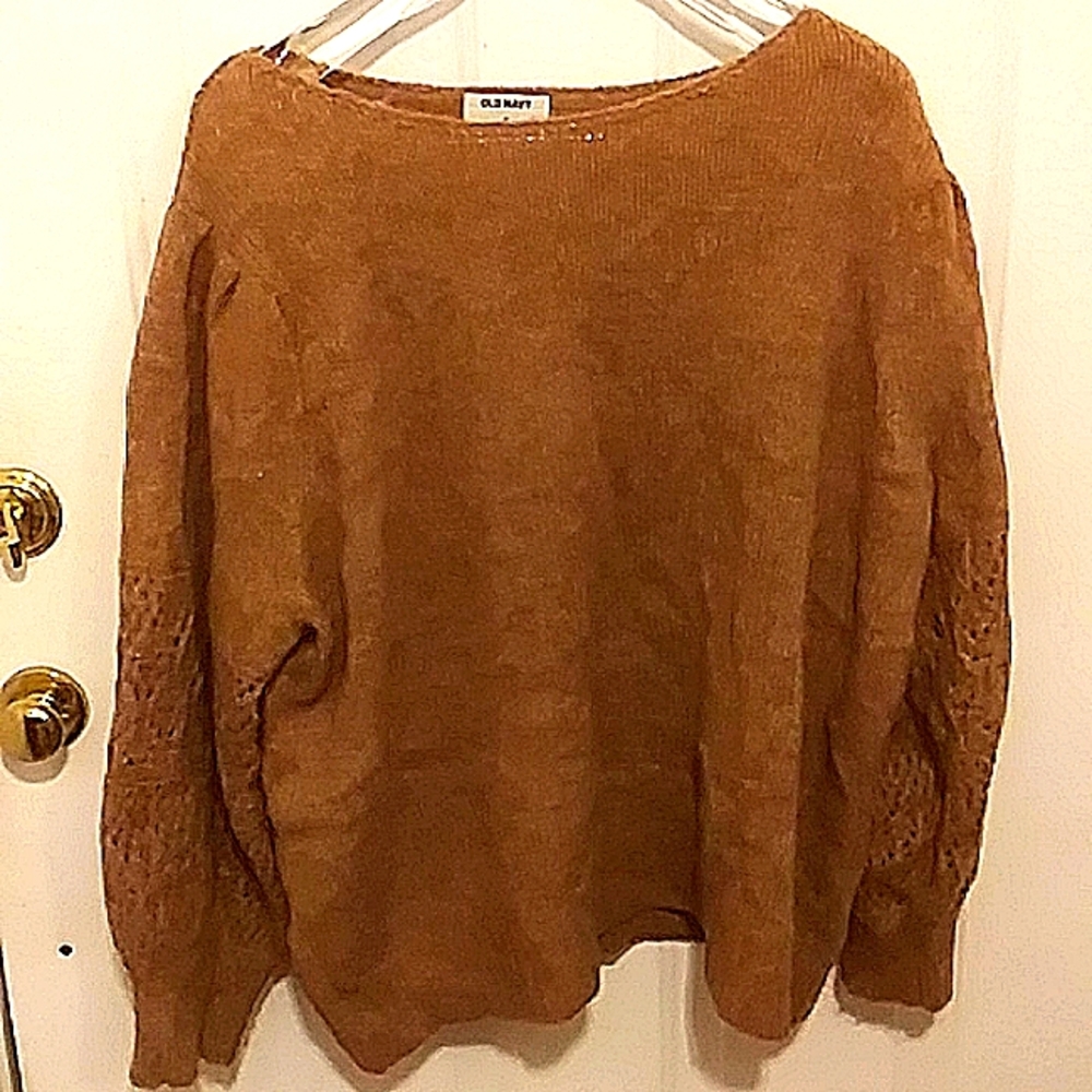 Brown Sweater with Open Weave Sleeves 3X